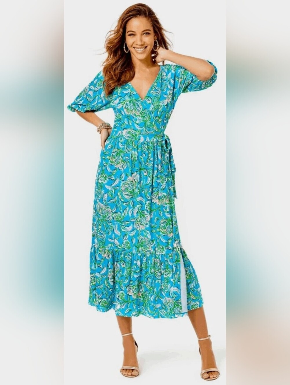 Lilly Pulitzer Brantley Turquoise Blue Green Pink Floral Midi Wrap Dress M $228